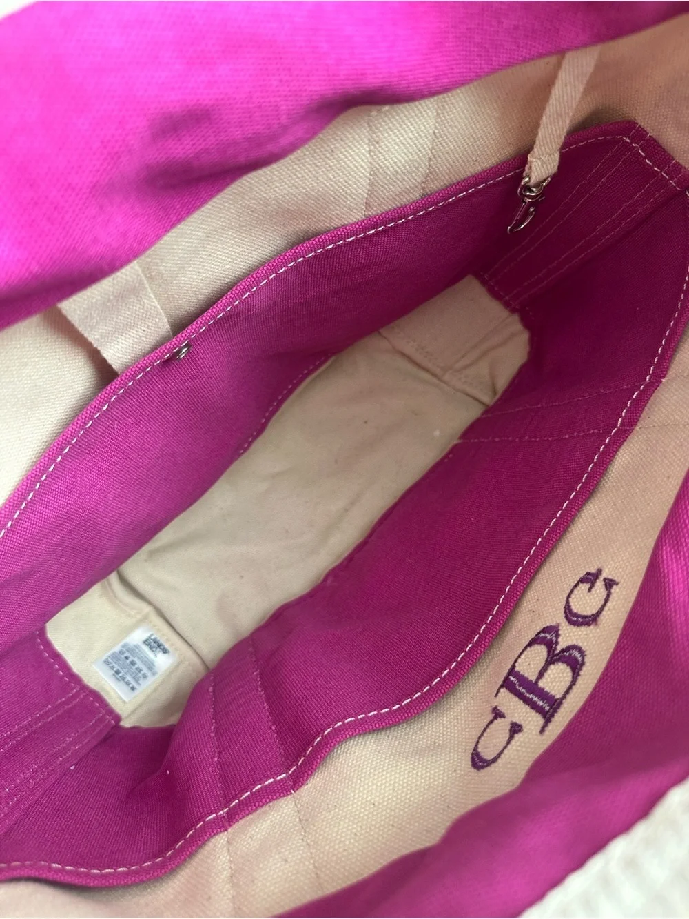 Lands' End White Canvas Tote with Fuchsia Trim and Handles